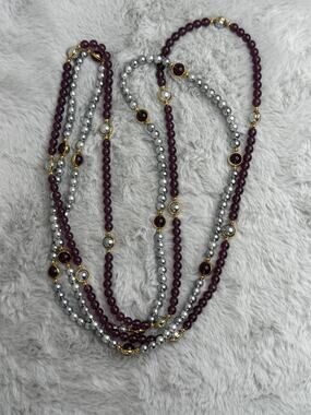 2pc Vintage Faux Pearl & Plum Bead Necklaces Set Gold Tone Accents 38” Each